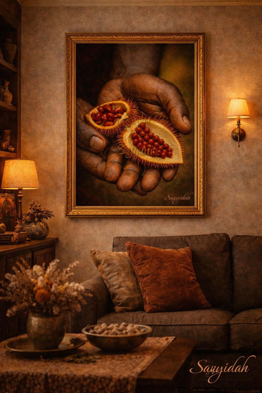 Hands holding open fruit with vibrant red seeds, cultural storytelling artwork by A-Sayyidah