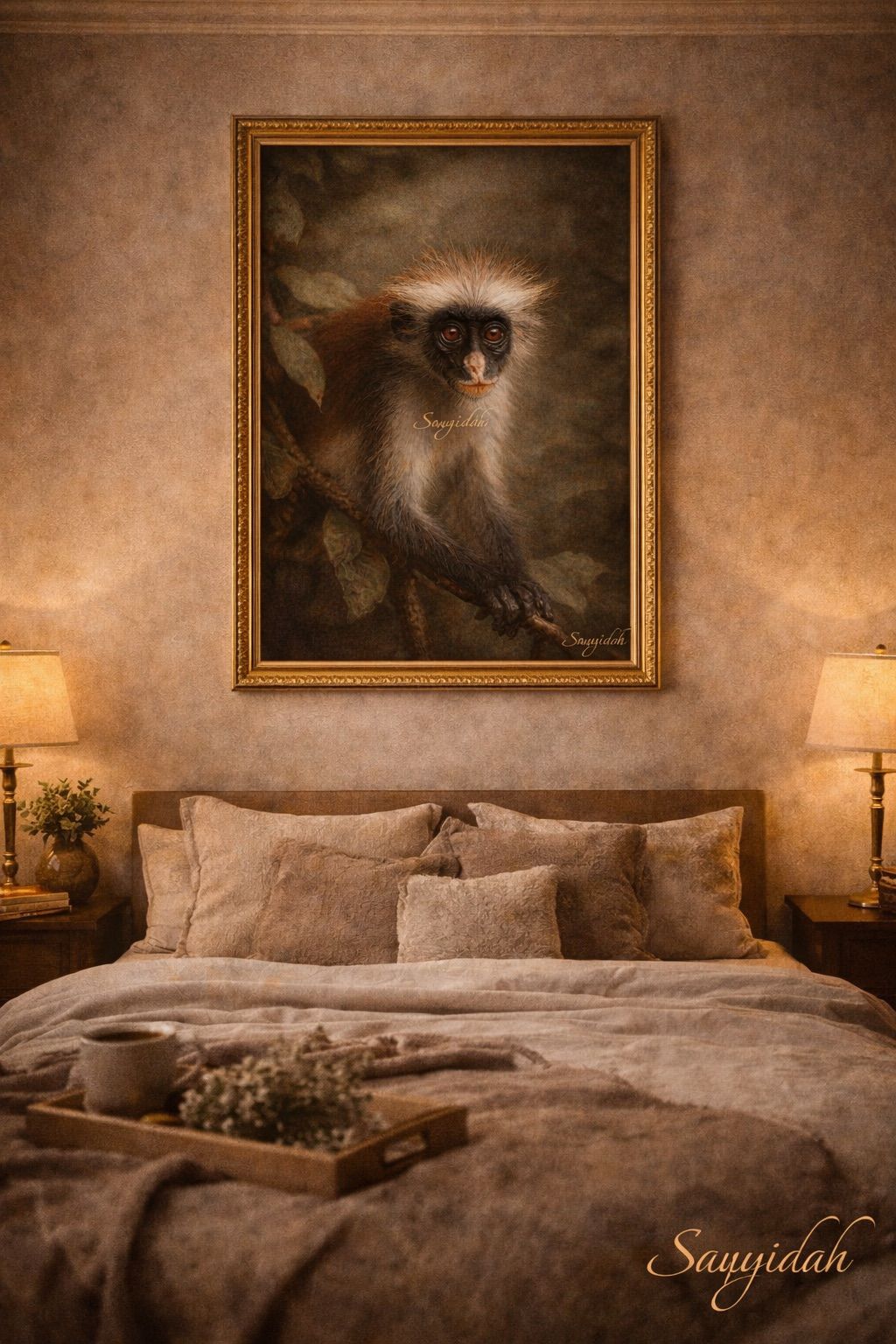 Close-up portrait of a monkey with expressive eyes and soft fur, wildlife artwork by A-Sayyidah