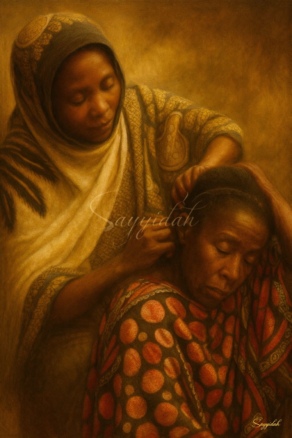 Two women sharing a quiet moment of care as one gently tends the other’s hair, rendered in warm golden tones in a fine art style