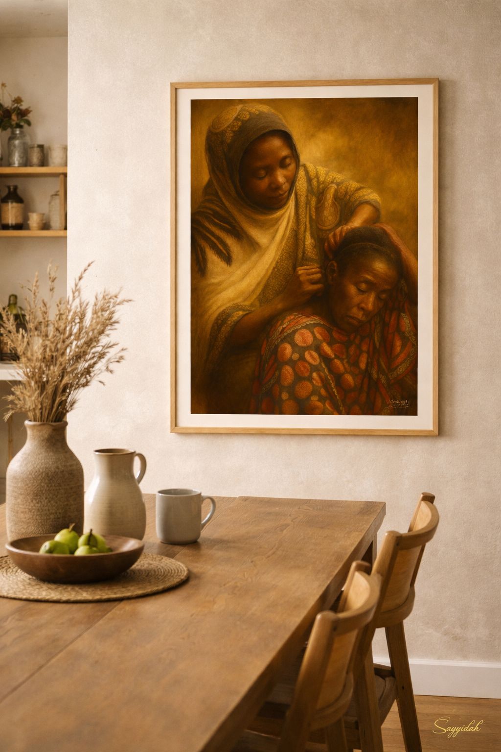 Two women sharing a quiet moment of care as one gently tends the other’s hair, rendered in warm golden tones in a fine art style