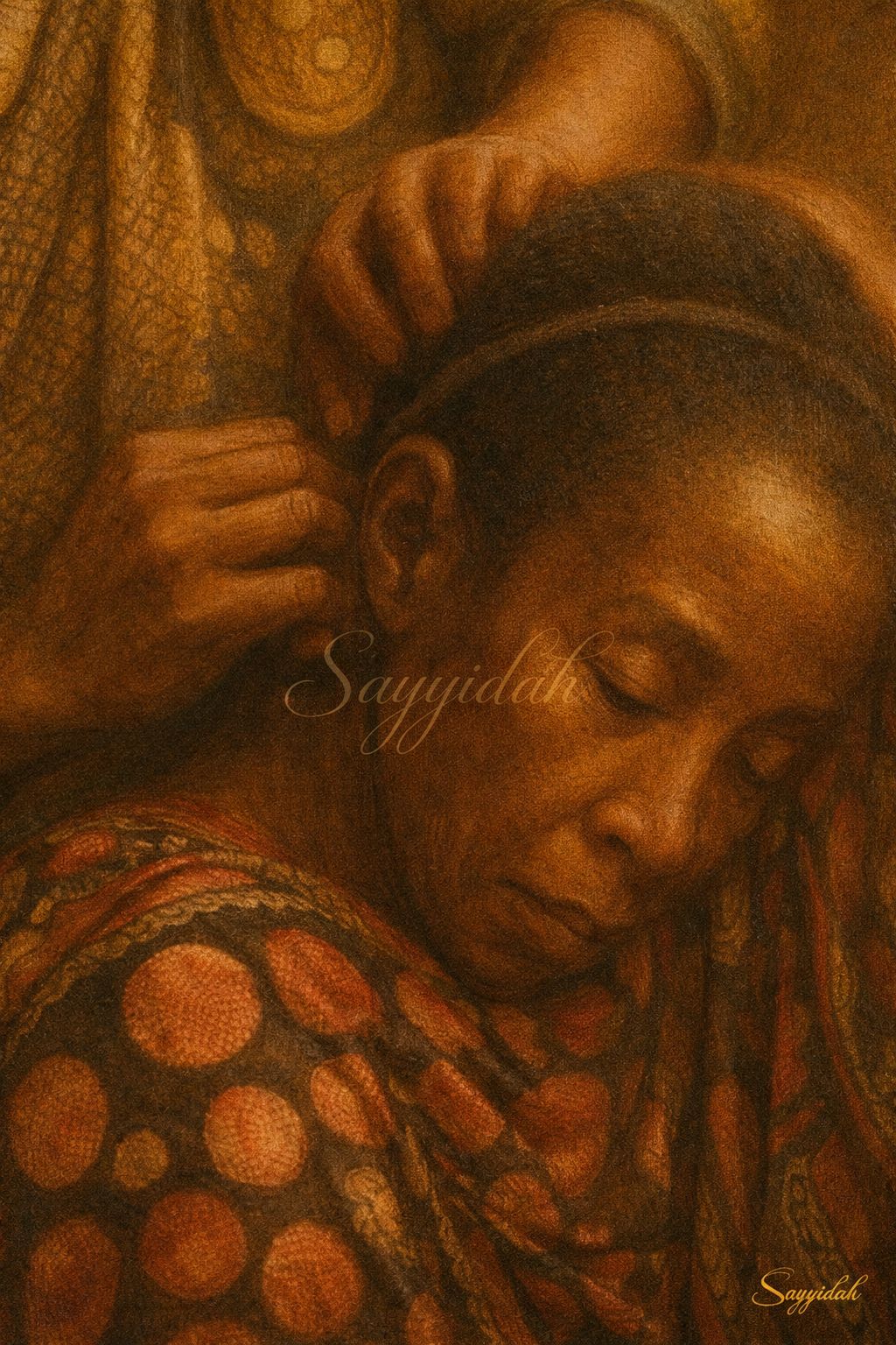 Two women sharing a quiet moment of care as one gently tends the other’s hair, rendered in warm golden tones in a fine art style