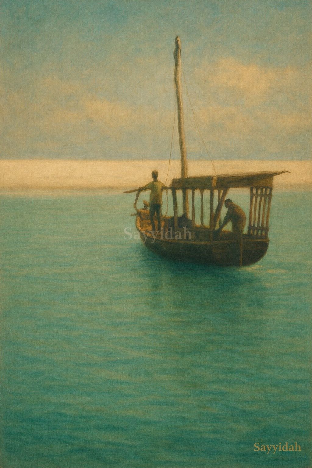 Two people standing on a wooden boat over calm turquoise water under a soft sky, captured in a painterly fine art style