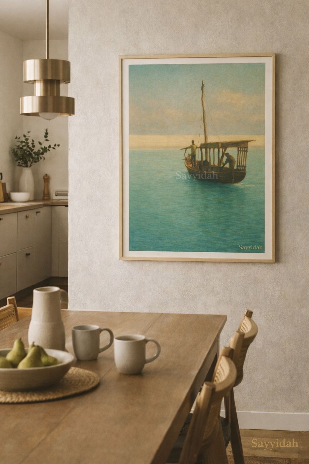 Two people standing on a wooden boat over calm turquoise water under a soft sky, captured in a painterly fine art style