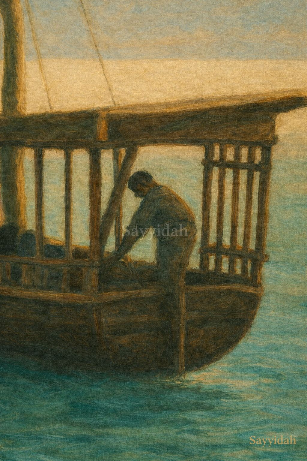 Two people standing on a wooden boat over calm turquoise water under a soft sky, captured in a painterly fine art style