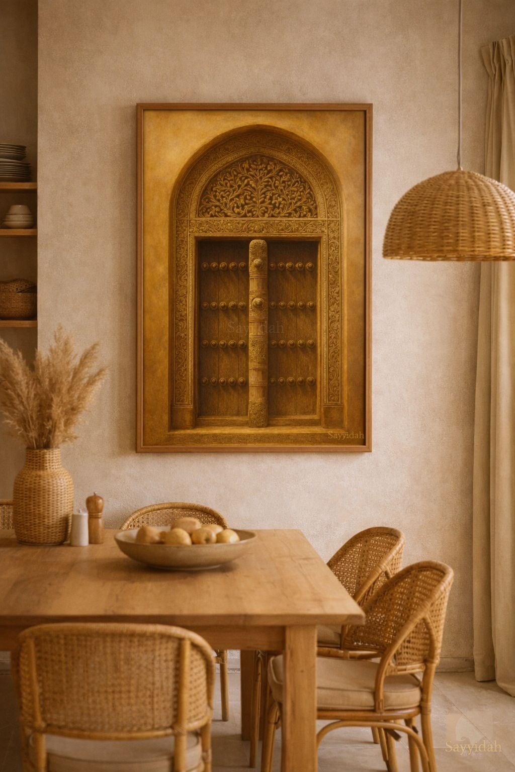 Golden carved heritage door with intricate traditional patterns in warm tones, luxury architectural wall art