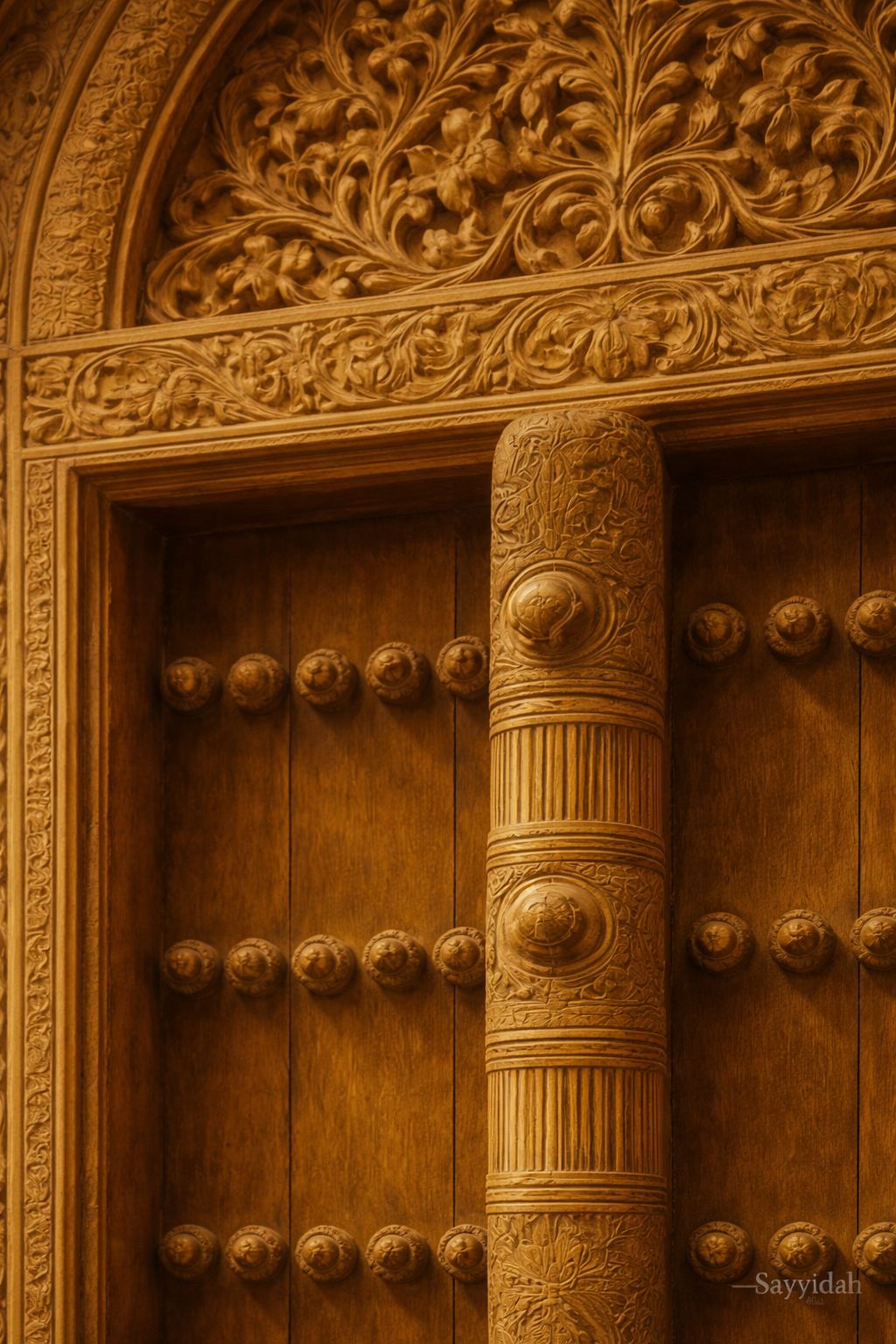 Golden carved heritage door with intricate traditional patterns in warm tones, luxury architectural wall art