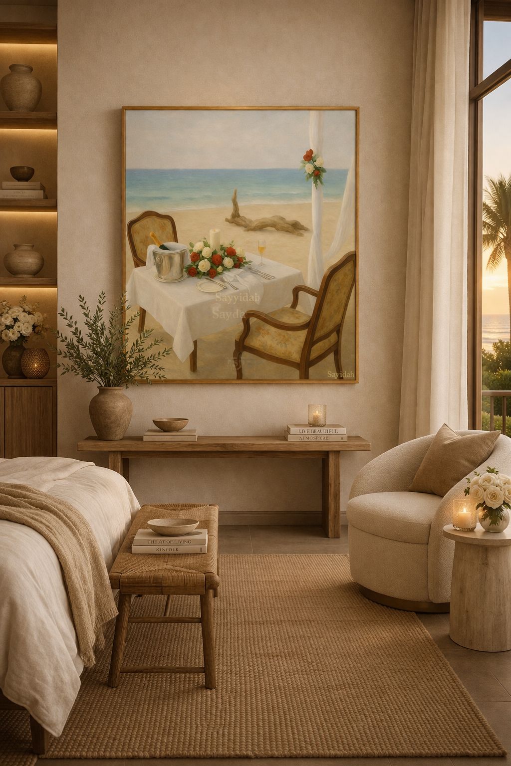 Romantic beachside dinner table with flowers, champagne, and ocean view in soft luxury coastal art style