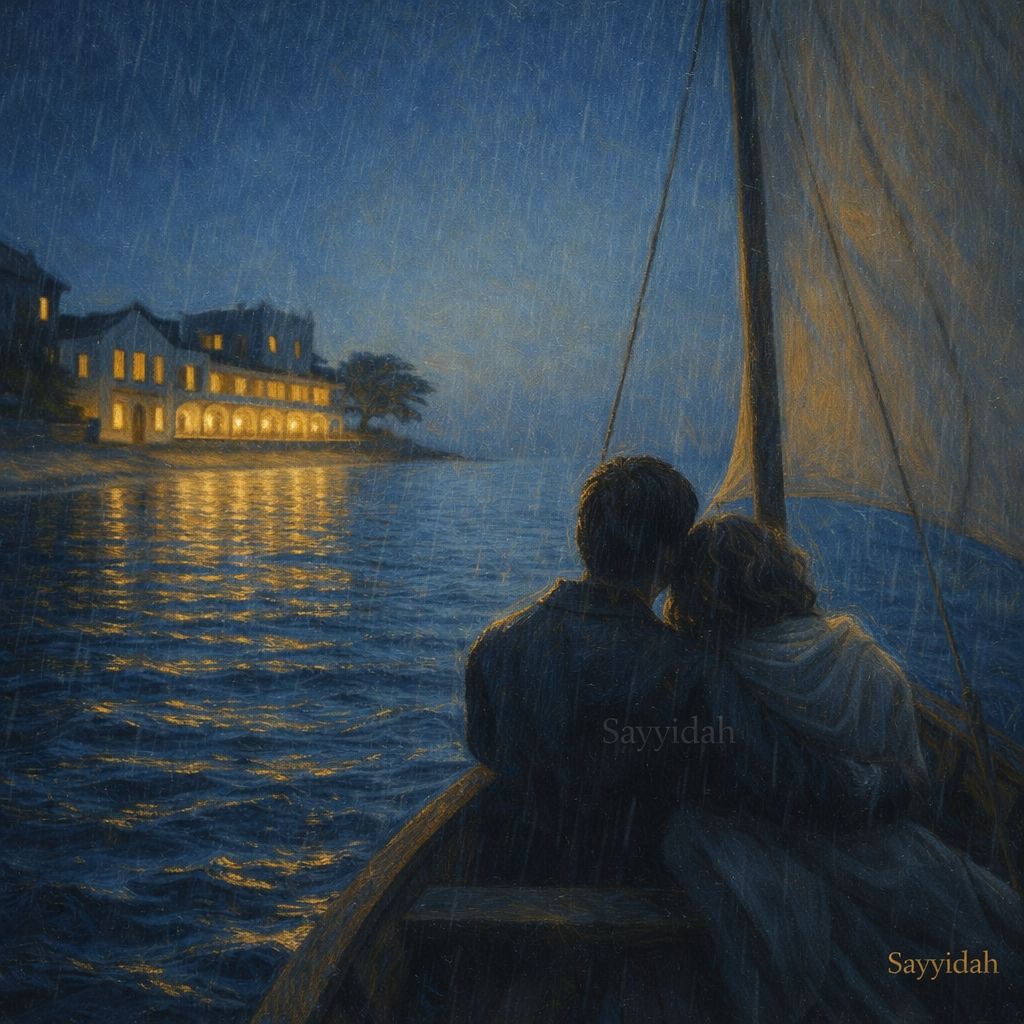 Dhow sailboat approaching illuminated shoreline at blue hour with golden reflections on calm ocean water in luxury art style