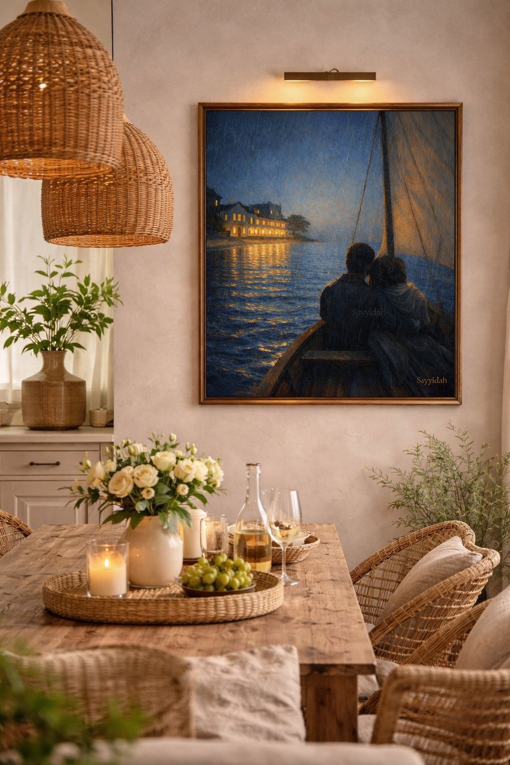 Dhow sailboat approaching illuminated shoreline at blue hour with golden reflections on calm ocean water in luxury art style
