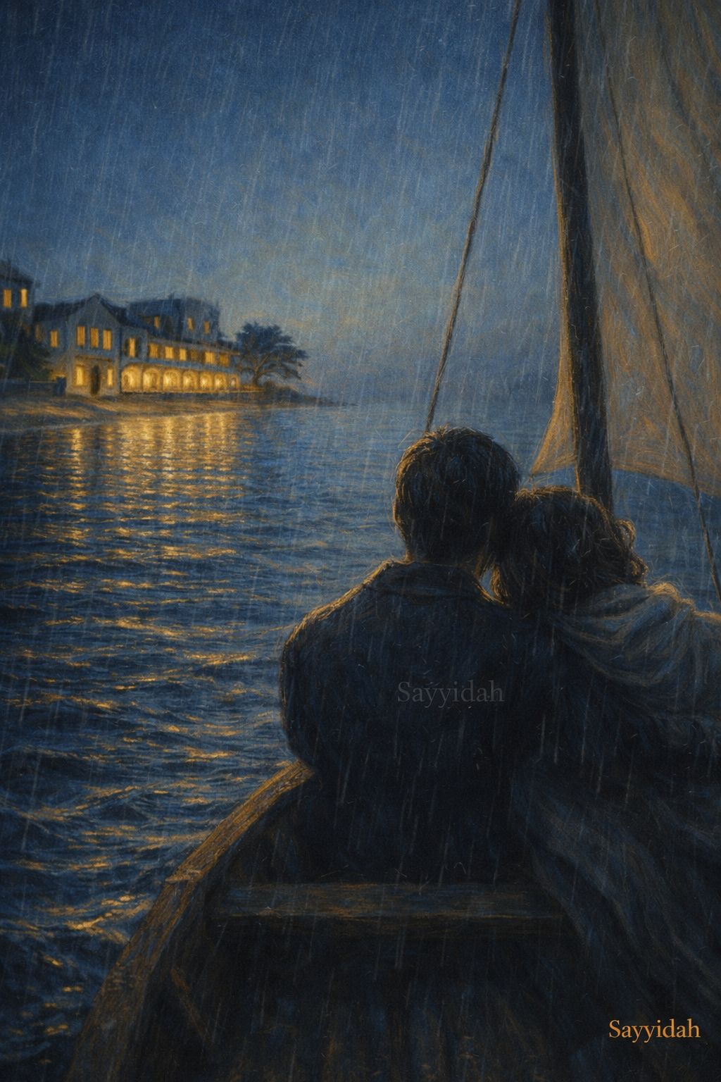 Dhow sailboat approaching illuminated shoreline at blue hour with golden reflections on calm ocean water in luxury art style
