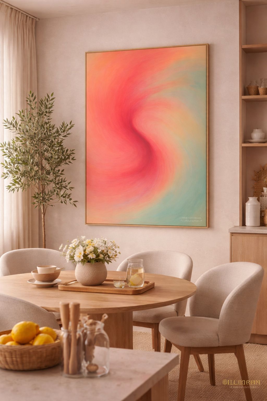 Abstract artwork with flowing coral and rose tones blending into soft teal in a modern minimalist luxury style