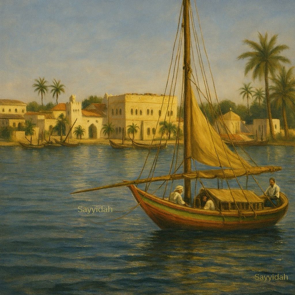 Traditional dhow sailing along palm-lined coastal village with calm water in warm luxury art style