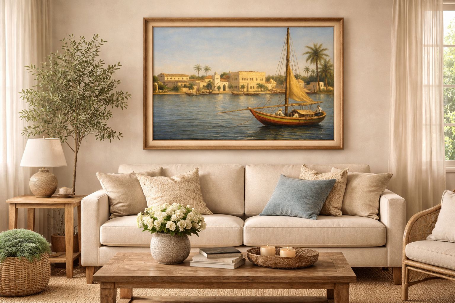 Traditional dhow sailing along palm-lined coastal village with calm water in warm luxury art style