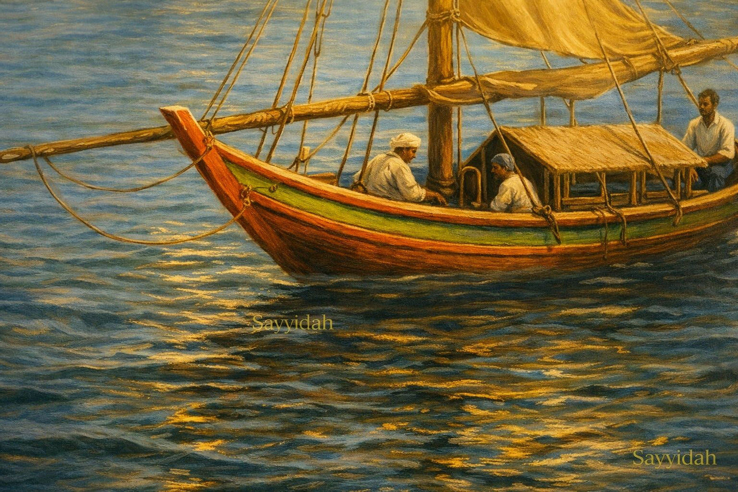 Traditional dhow sailing along palm-lined coastal village with calm water in warm luxury art style