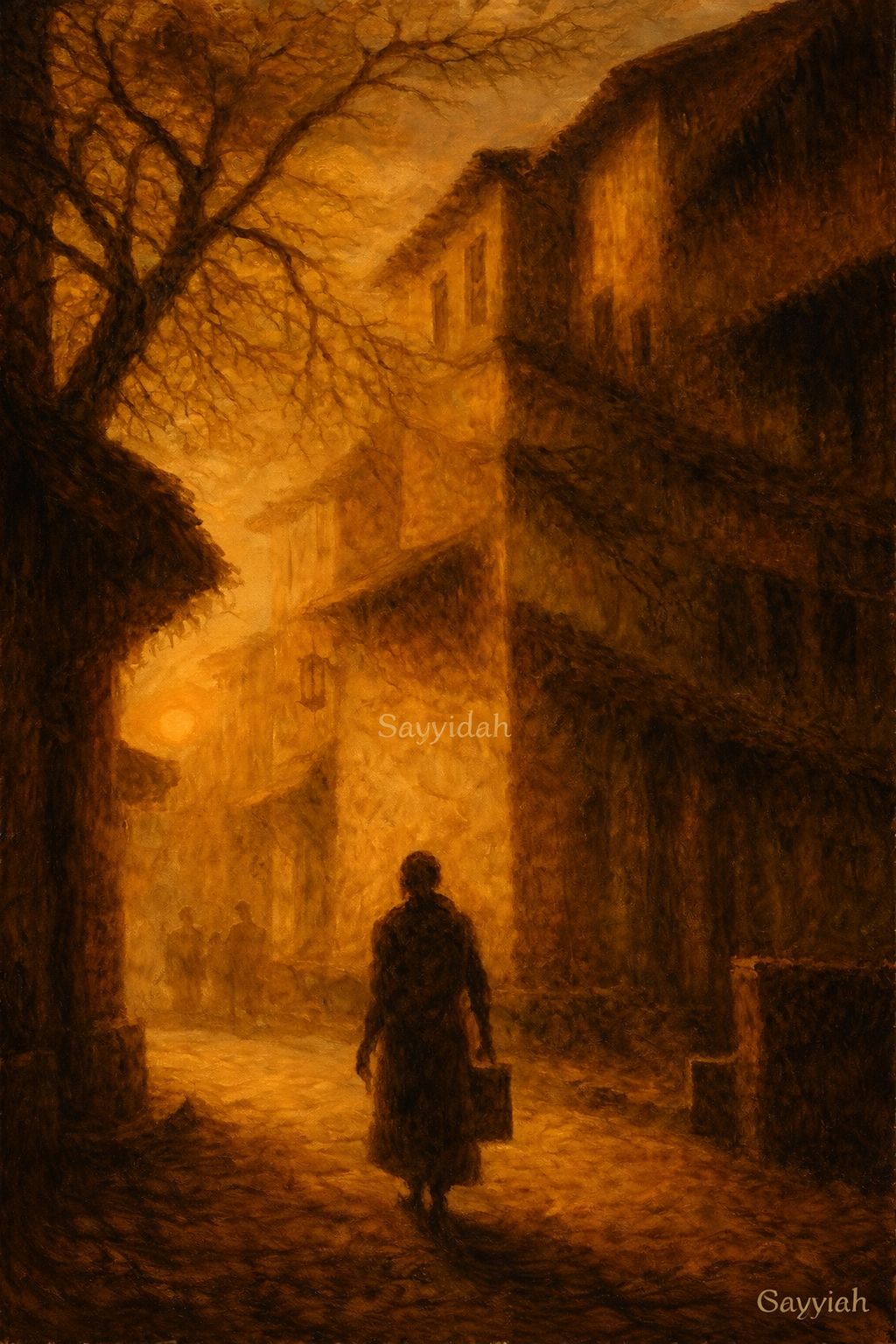 Golden-toned street scene with a solitary figure walking between historic buildings in a cinematic fine art style