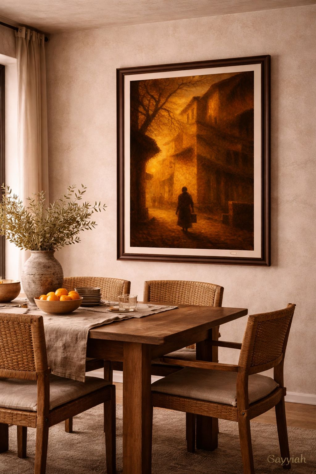 Golden-toned street scene with a solitary figure walking between historic buildings in a cinematic fine art style