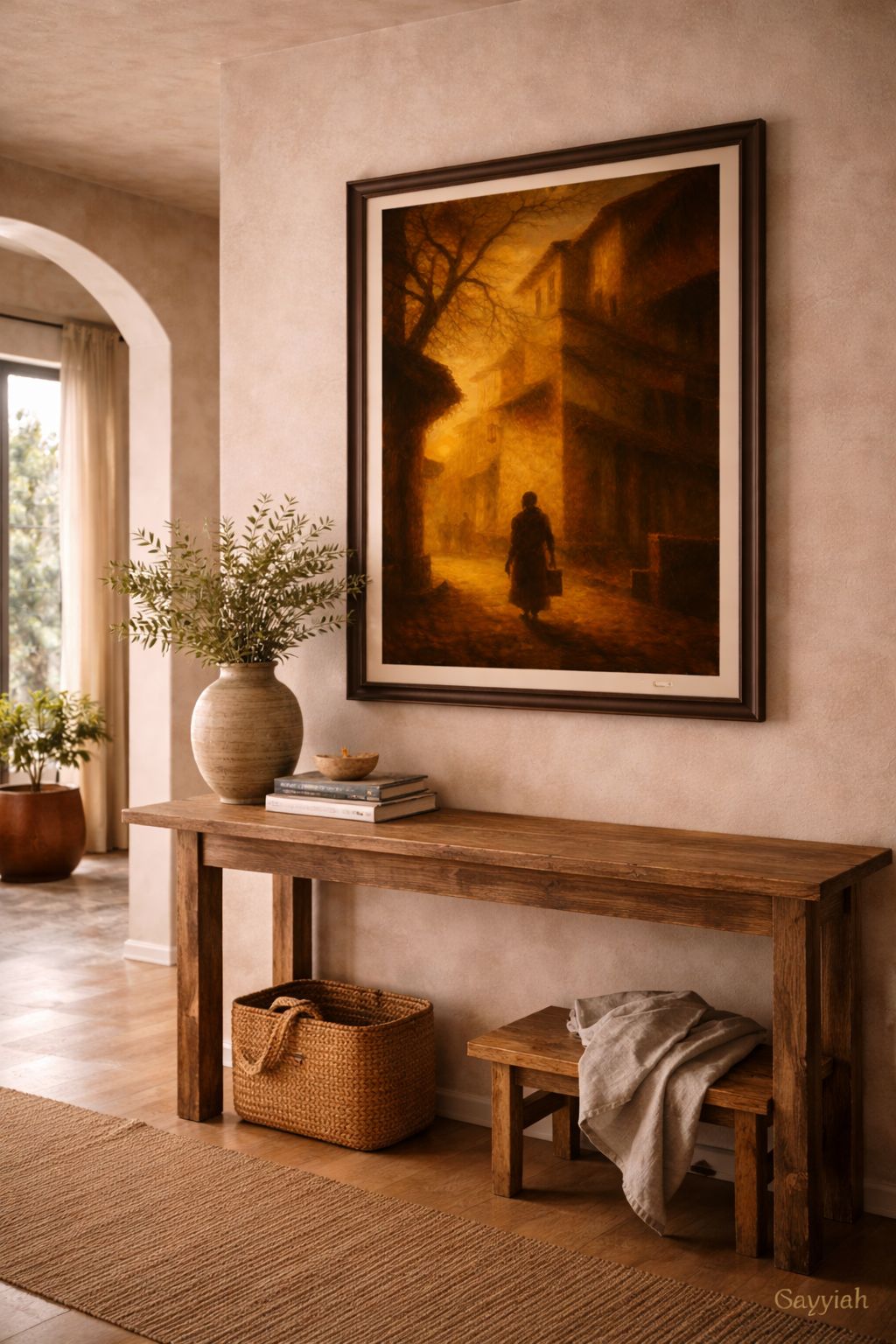 Golden-toned street scene with a solitary figure walking between historic buildings in a cinematic fine art style