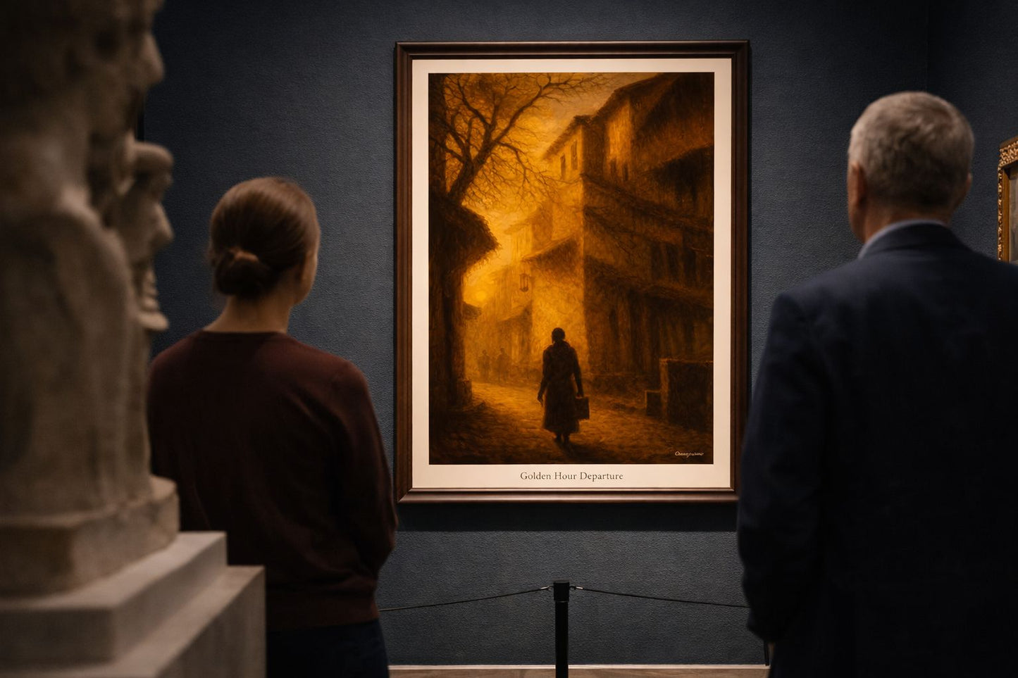 Golden-toned street scene with a solitary figure walking between historic buildings in a cinematic fine art style
