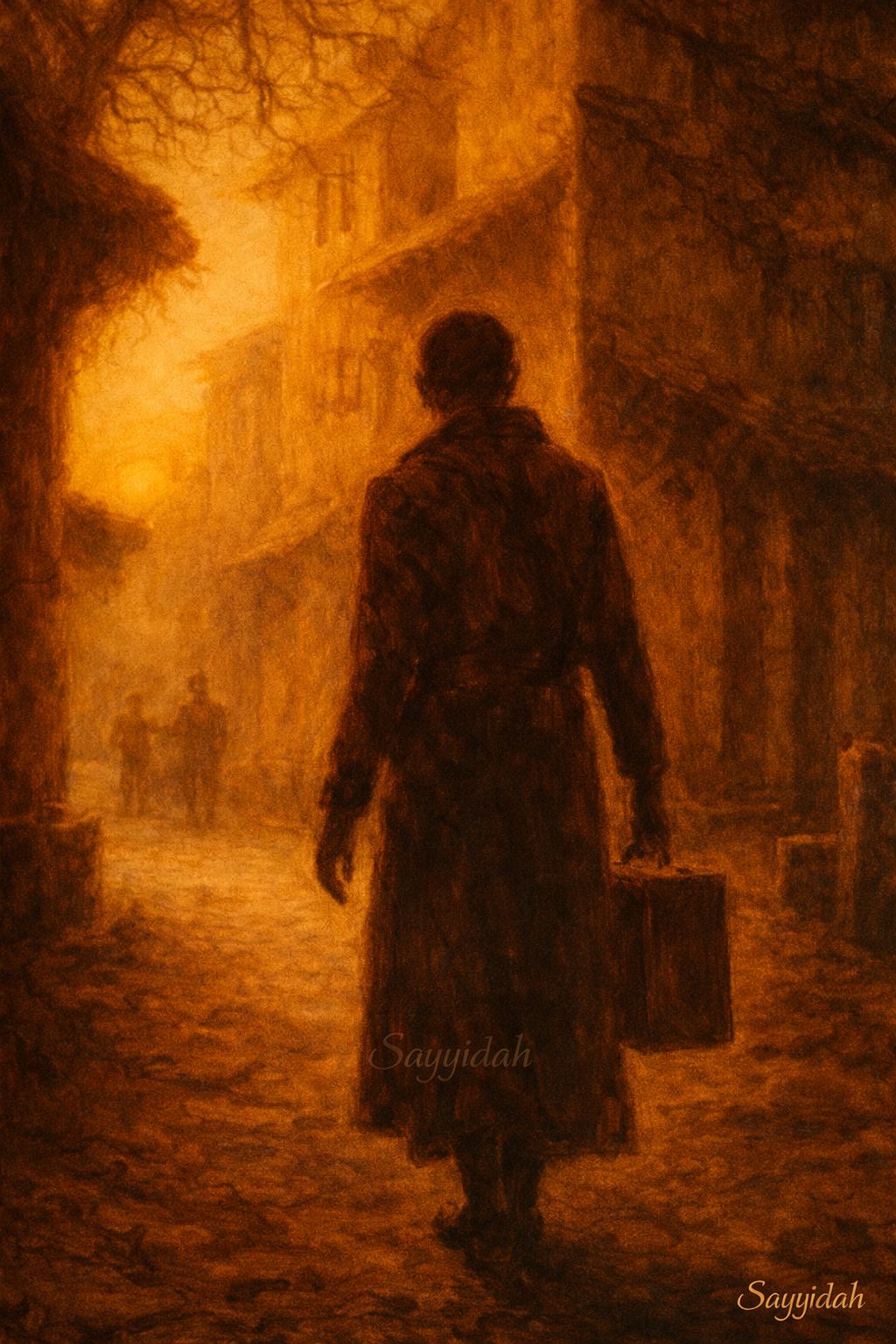 Golden-toned street scene with a solitary figure walking between historic buildings in a cinematic fine art style