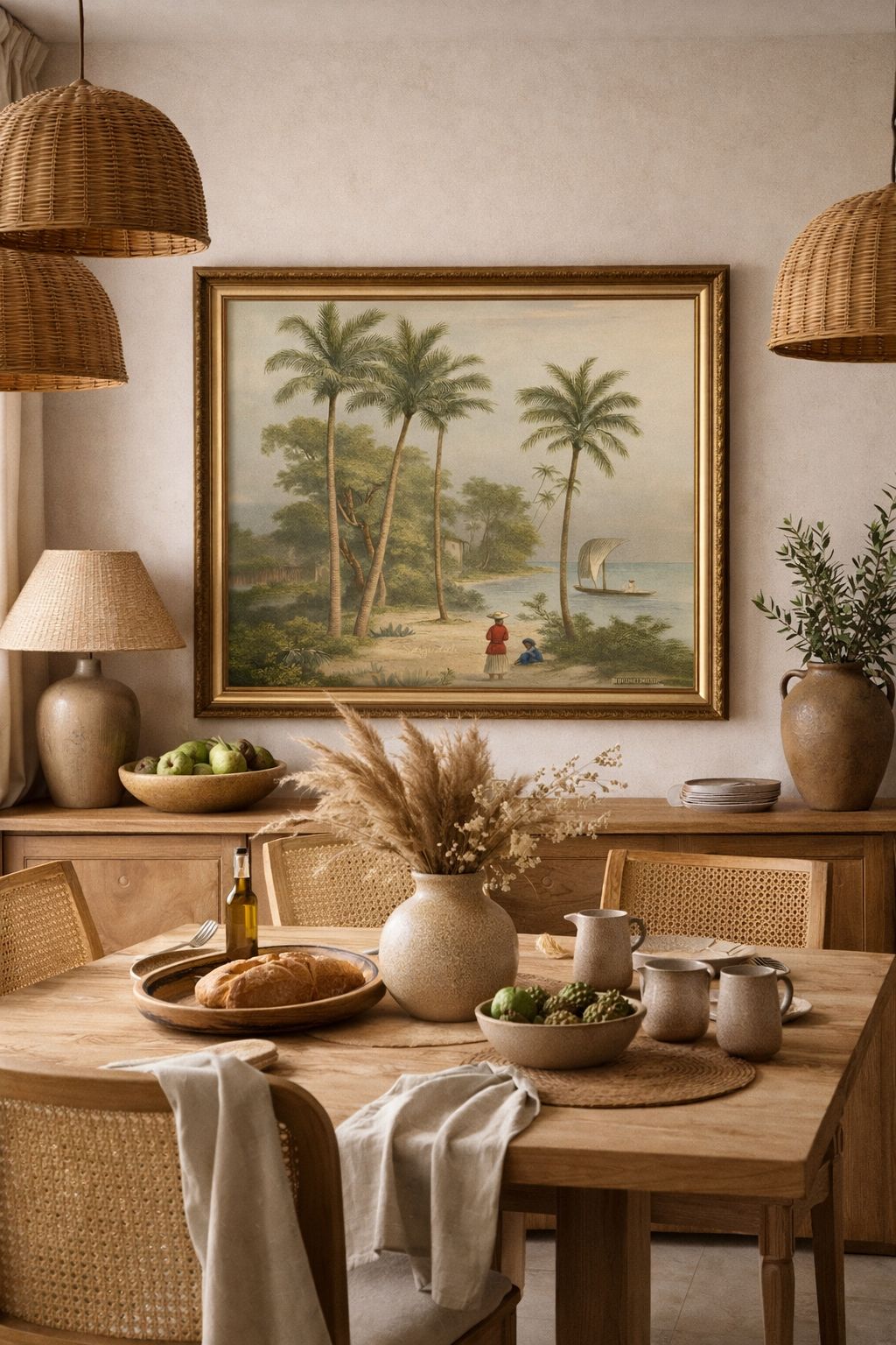 Palm-lined coastal pathway with calm ocean water and traditional sailboat in soft natural luxury art style