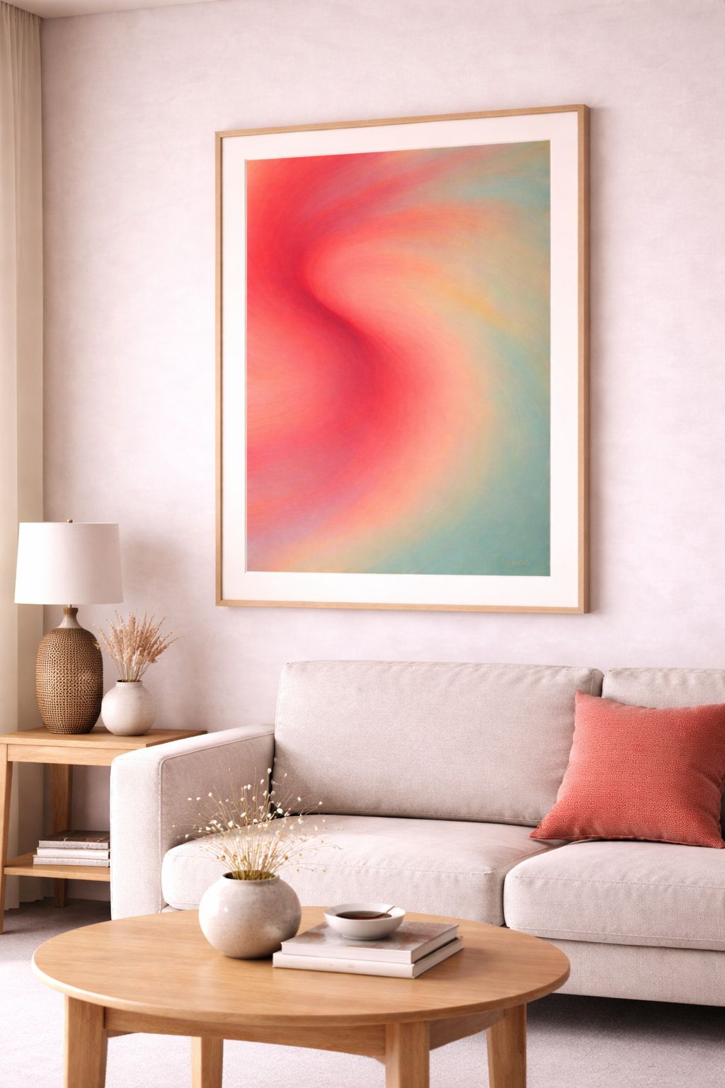 Abstract artwork with flowing coral and rose tones blending into soft teal in a modern minimalist luxury style
